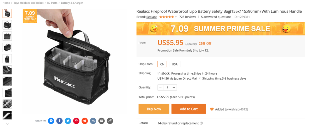  Realacc Fireproof Waterproof Lipo Battery Safety Bag(155x115x90mm) With Luminous Handle