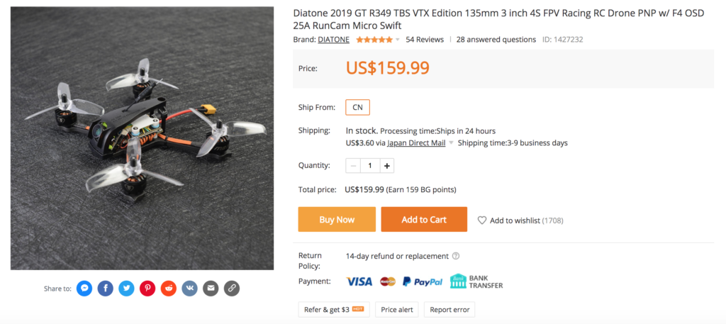 Diatone 2019 GT R349 TBS VTX Edition 135mm 3 inch 4S FPV Racing RC Drone PNP w/ F4 OSD 25A RunCam Micro Swift