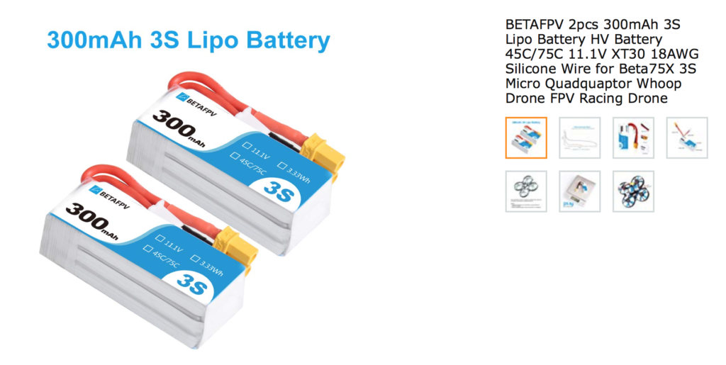 BETAFPV 2pcs 300mAh 3S Lipo Battery HV Battery 45C/75C 11.1V XT30 18AWG