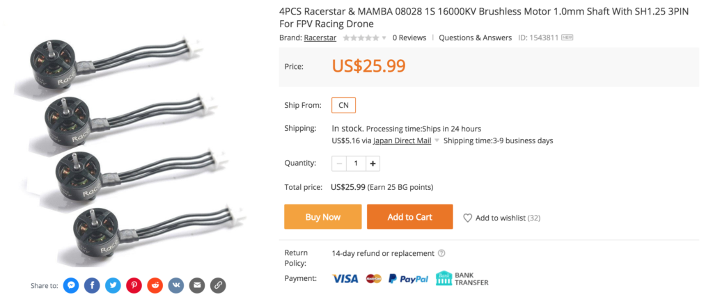 4PCS Racerstar & MAMBA 08028 1S 16000KV Brushless Motor 1.0mm Shaft