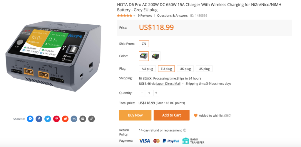 HOTA D6 Pro AC 200W DC 650W 15A Charger With Wireless Charging for NiZn/Nicd/NiMH Battery