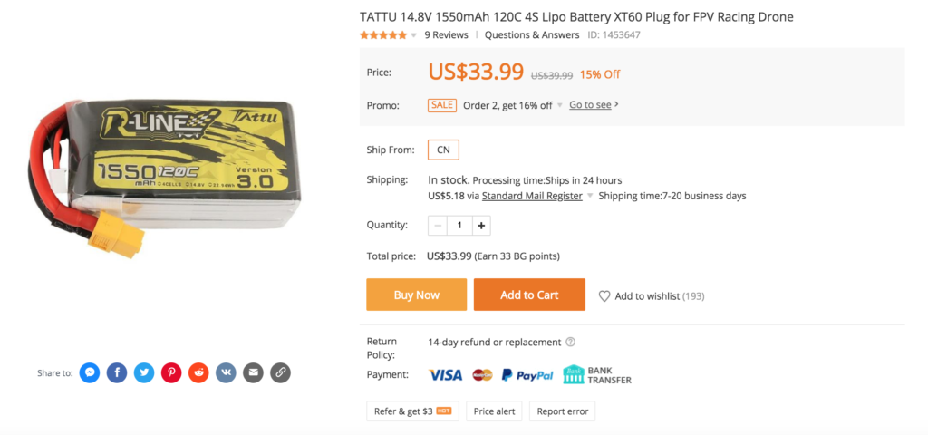 TATTU 14.8V 1550mAh 120C 4S Lipo Battery XT60 Plug for FPV Racing Drone