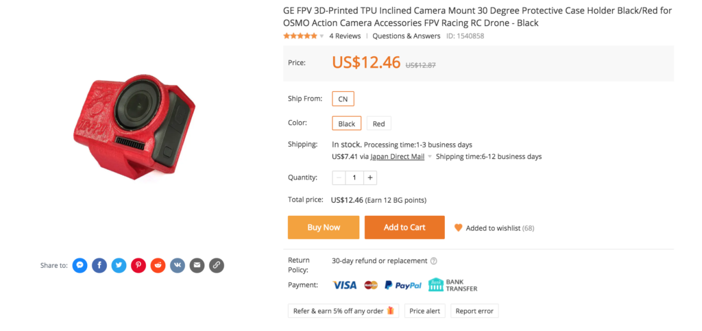 GE FPV 3D-Printed TPU Inclined Camera Mount 30 Degree Protective Case Holder Black/Red for OSMO Action Camera Accessories FPV Racing RC Drone 